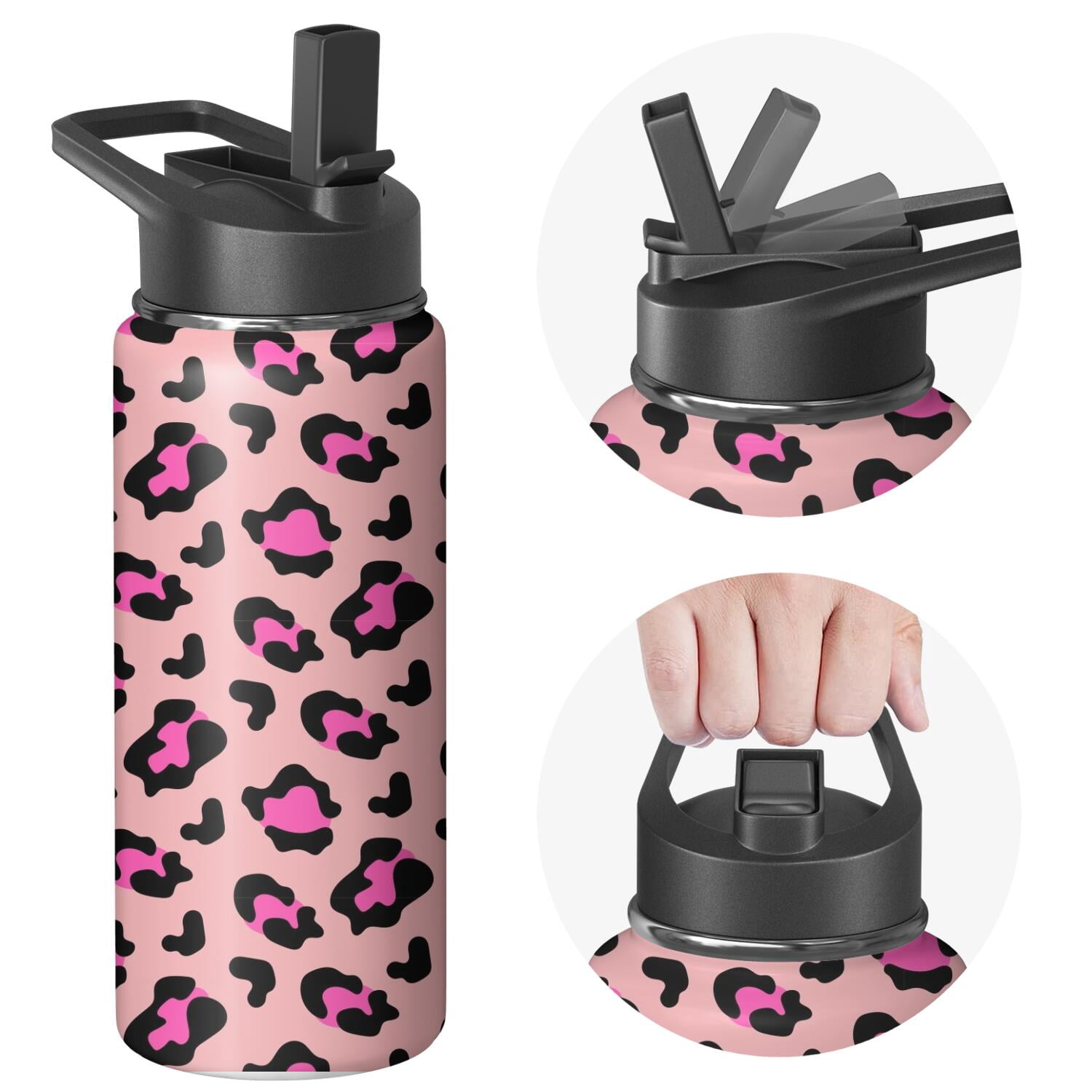 Leopard Print Insulated Stainless Steel Water Bottle with Straw & Cleaning Brush – 18 Oz | Leakproof, BPA-Free, 304 Stainless Steel, Wide Mouth, Travel Mug for Car, Gym, Office