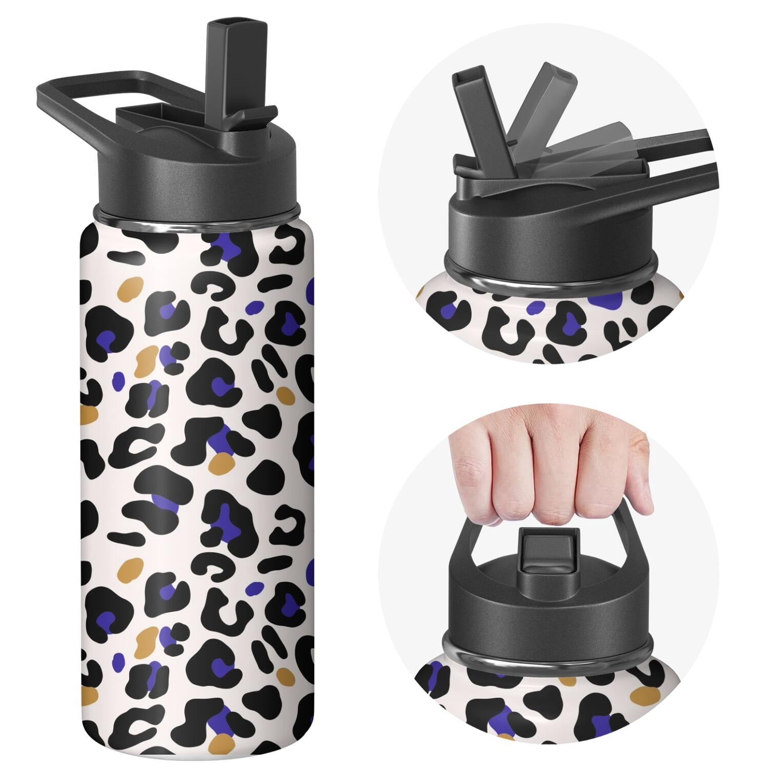 Leopard Print Insulated Stainless Steel Water Bottle with Straw & Cleaning Brush – 18 Oz | Leakproof, BPA-Free, 304 Stainless Steel, Wide Mouth, Travel Mug for Car, Gym, Office