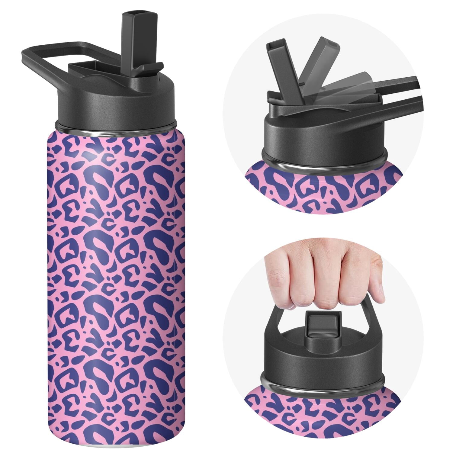 Leopard Print Insulated Stainless Steel Water Bottle with Straw & Cleaning Brush – 18 Oz | Leakproof, BPA-Free, 304 Stainless Steel, Wide Mouth, Travel Mug for Car, Gym, Office