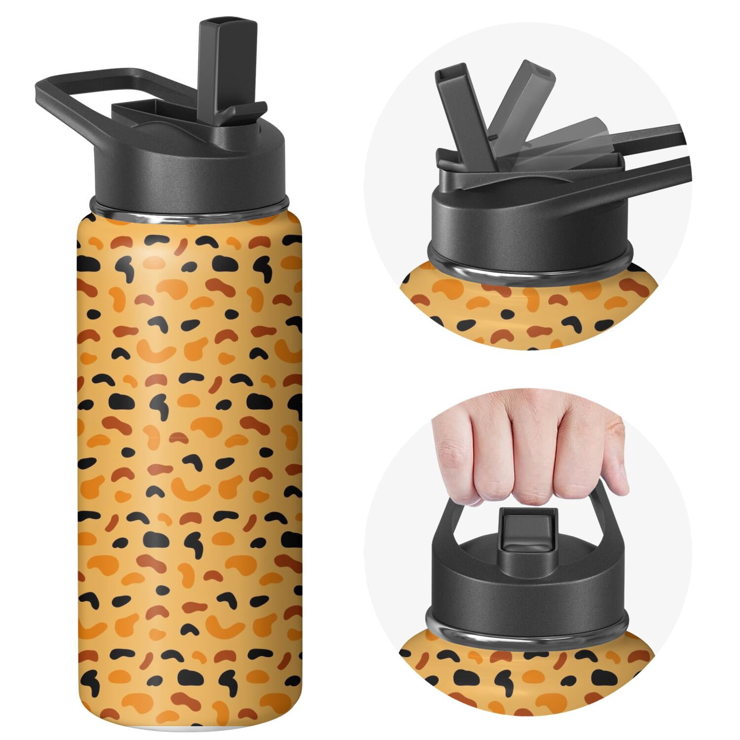 Leopard Print Insulated Stainless Steel Water Bottle with Straw & Cleaning Brush – 18 Oz | Leakproof, BPA-Free, 304 Stainless Steel, Wide Mouth, Travel Mug for Car, Gym, Office