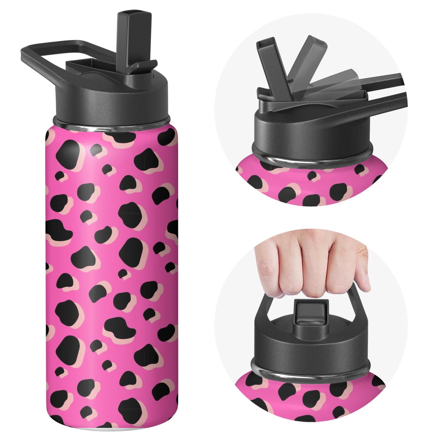 Leopard Print Insulated Stainless Steel Water Bottle with Straw & Cleaning Brush – 18 Oz | Leakproof, BPA-Free, 304 Stainless Steel, Wide Mouth, Travel Mug for Car, Gym, Office