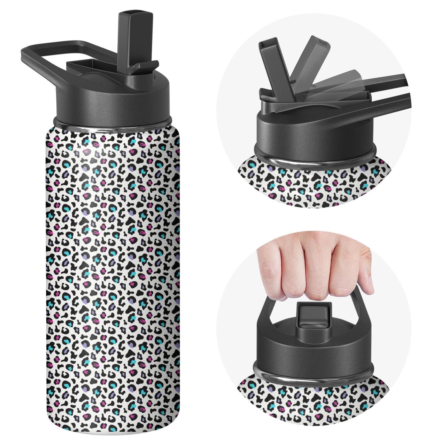 Leopard Print Insulated Stainless Steel Water Bottle with Straw & Cleaning Brush – 18 Oz | Leakproof, BPA-Free, 304 Stainless Steel, Wide Mouth, Travel Mug for Car, Gym, Office