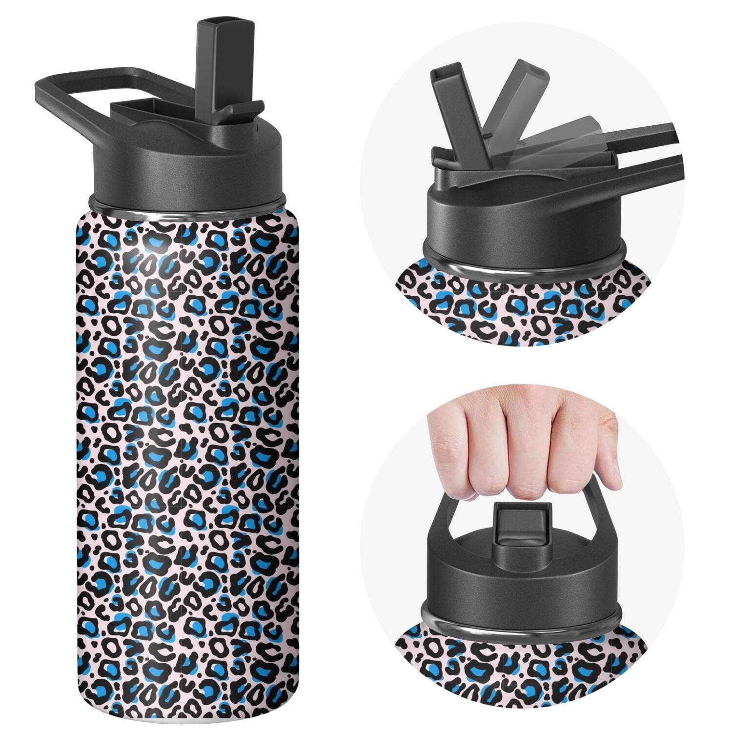 Leopard Print Insulated Stainless Steel Water Bottle with Straw & Cleaning Brush – 18 Oz | Leakproof, BPA-Free, 304 Stainless Steel, Wide Mouth, Travel Mug for Car, Gym, Office