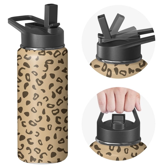 Leopard Print Insulated Stainless Steel Water Bottle with Straw & Cleaning Brush – 18 Oz | Leakproof, BPA-Free, 304 Stainless Steel, Wide Mouth, Travel Mug for Car, Gym, Office