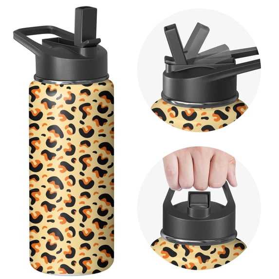Leopard Print Insulated Stainless Steel Water Bottle with Straw & Cleaning Brush – 18 Oz | Leakproof, BPA-Free, 304 Stainless Steel, Wide Mouth, Travel Mug for Car, Gym, Office