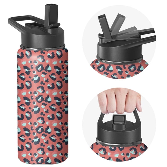 Leopard Print Insulated Stainless Steel Water Bottle with Straw & Cleaning Brush – 18 Oz | Leakproof, BPA-Free, 304 Stainless Steel, Wide Mouth, Travel Mug for Car, Gym, Office