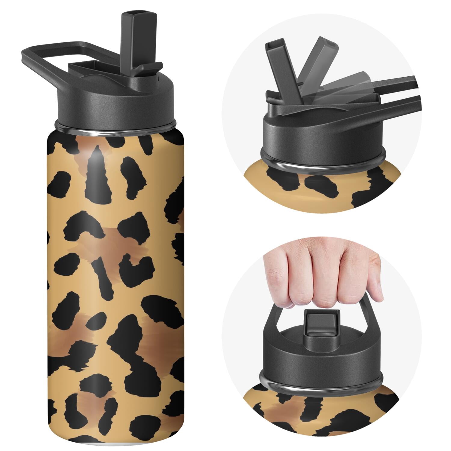 Leopard Print Insulated Stainless Steel Water Bottle with Straw & Cleaning Brush – 18 Oz | Leakproof, BPA-Free, 304 Stainless Steel, Wide Mouth, Travel Mug for Car, Gym, Office