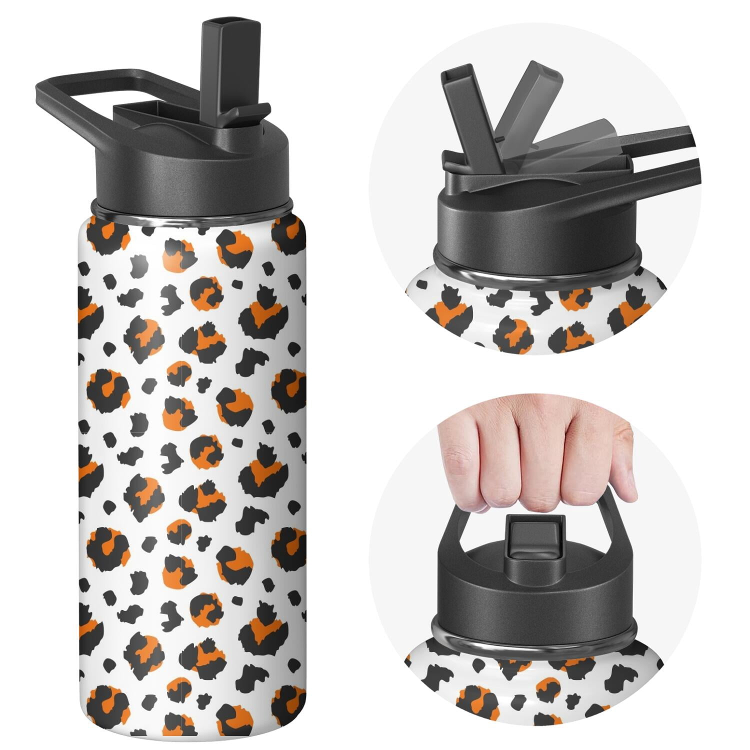 Leopard Print Insulated Stainless Steel Water Bottle with Straw & Cleaning Brush – 18 Oz | Leakproof, BPA-Free, 304 Stainless Steel, Wide Mouth, Travel Mug for Car, Gym, Office