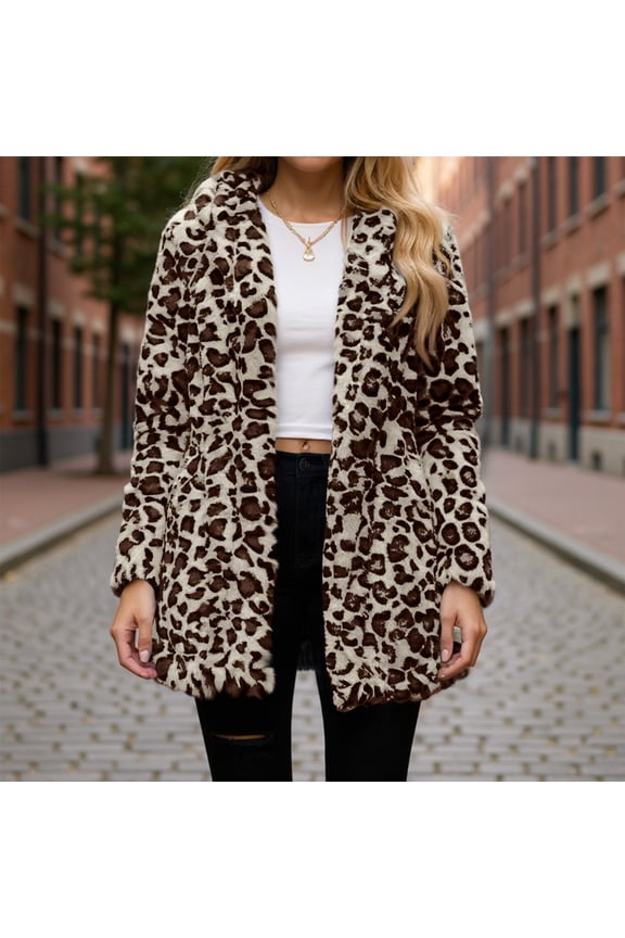 Leopard Print Jacket for Women Oversized Long Sleeve Fleece Jackets Fluffy Lounge Shaggy Plush Warm Cardigan Coat Beige XL