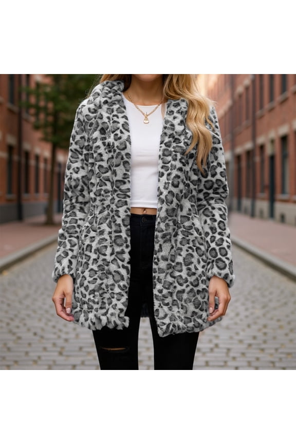 Leopard Print Jacket for Women Oversized Long Sleeve Fleece Jackets Fluffy Lounge Shaggy Plush Warm Cardigan Coat White XL