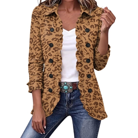 Leopard Print Jackets For Women Long Sleeve Lapel Button Down Ruffle Trim Open Front Cardigan Casual Lightweight Ruffle Jacket