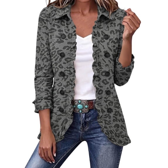 Leopard Print Jackets For Women Ruffle Trim Lapel Button Down Long Sleeve Open Front Cardigan Casual Fall Cheetah Print Lightweight Coats