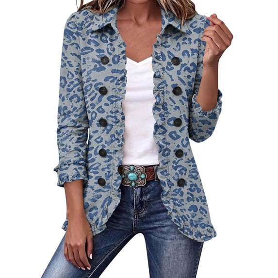 Leopard Print Jackets For Women Ruffle Trim Lapel Button Down Long Sleeve Open Front Cardigan Casual Fall Cheetah Print Lightweight Coats