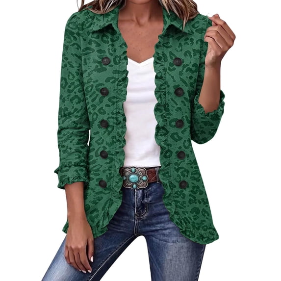 Leopard Print Jackets For Women Ruffle Trim Lapel Button Down Long Sleeve Open Front Cardigan Casual Fall Cheetah Print Lightweight Coats
