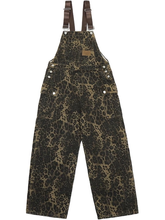 Leopard Print Jeans Overalls Baggy Wide Leg Jumpsuit | Cheetah Print Jumpsuit,Retro Hip Hop Loose trouser, bib overalls Chic Streetwear ,Wide Leg Rompers,-X-Small-Leopard Jean-4