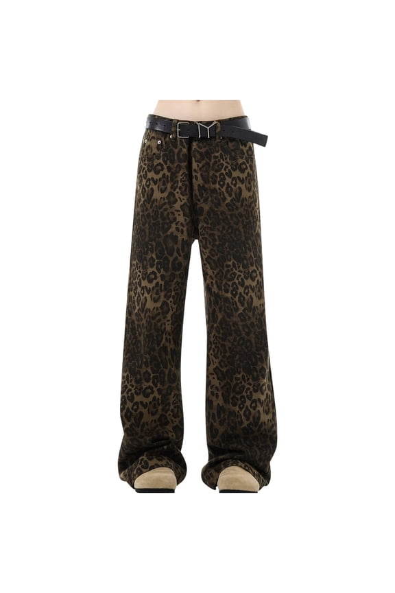 Leopard Print Jeans for Women Y2k Trendy Streetwear Cheetah High Waisted Wide Leg Denim Pant Various Style and Plus Size