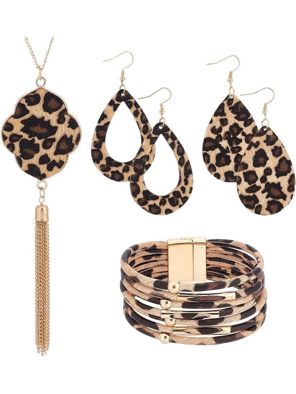 Leopard Print Jewelry Set Plam Leaf Pendant Necklace Winter Boho Teardrop Earrings Multi Layered Bracelets Necklace Bracelet Stylish Jewelry Set Christmas Day Jewelry for Women Ladies