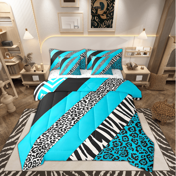 Leopard Print King Comforter Set - 7 Pieces Bed in a Bag Set,Zebra Stripes Teal Sriped Patchwork Bedding Sets King with Cheetah Wild Animal Quilted Comforter,Flat Sheet,Fitted Sheet,Pillowcases