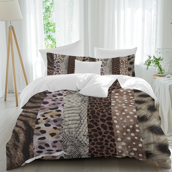 Leopard Print King Duvet Cover Set, Abstract Brown Crocodile Leopard Elk Texture Stripes 4 Piece Microfiber Bedding Set with Zipper Closure, Bed Sheet and 2 Pillow Shams, Soft Bedding Cover