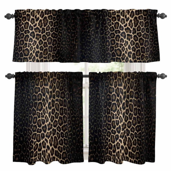 Leopard Print Kitchen Curtains, Kitchen Curtains and Valances Set of 3, Chic Abstract Black Brown Animals Texture Light Filtering Tailored Tier Curtain 24 Inch Length Drapes for Cafe Sink Bedroom