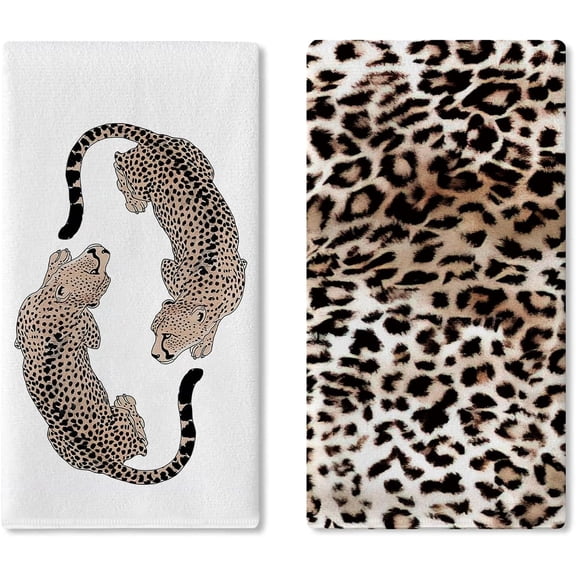 Leopard Print Kitchen Dish Towels Set of 2, Cheetah Safari Animal Drying Hand Towel Baking Cooking Cloth, Wildlife Bathroom Home Decoration 18'' x 26''