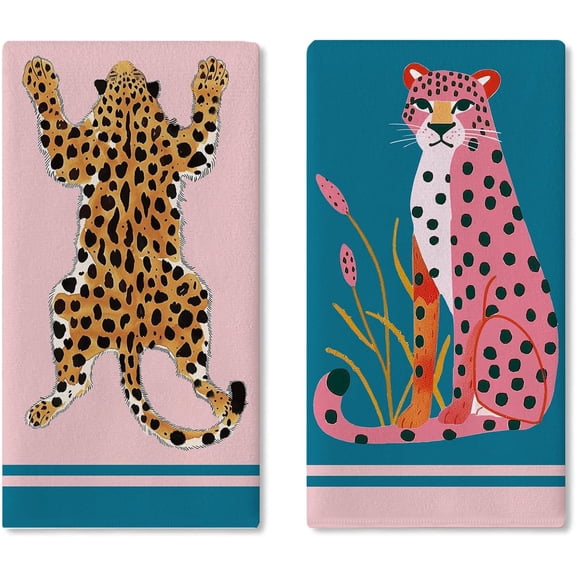 Leopard Print Kitchen Dish Towels Set of 2, Pink Blue Safari Cheetah Drying Hand Towel Baking Cooking Cloth, Wild Animals Bathroom Home Decoration 18'' x 26''