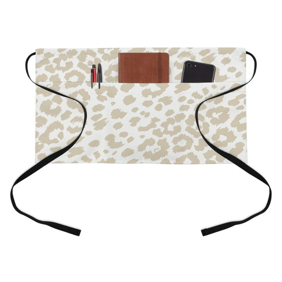 Leopard Print Kitchen Restaurant Half Waist Apron, Morandi Style Creamy Beige Leopard Print Country Server Short Apron with 3 Pockets Waterproof Oil Waist Aprons for Women Waitress Waiter