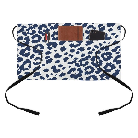 Leopard Print Kitchen Restaurant Half Waist Apron, Morandi Style Navy Blue Leopard Print Country Server Short Apron with 3 Pockets Waterproof Oil Waist Aprons for Women Waitress Waiter