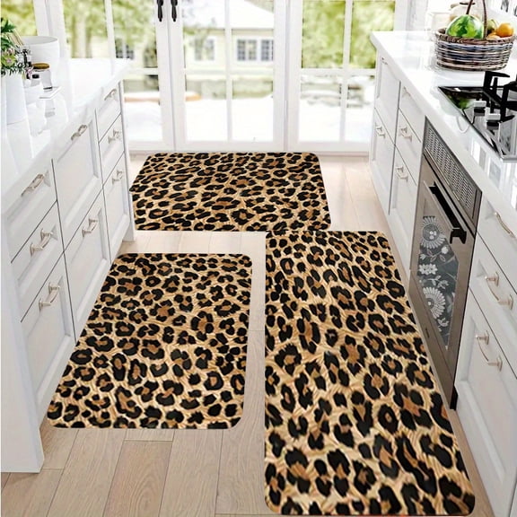 Leopard Print Kitchen Rug Set, 3-Piece Flannel Floor Mats for Bedroom, Living Room, Bathroom, Laundry, Entryway, Home and Holiday Decor