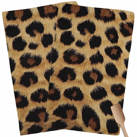 Leopard Print Kitchen Towel Dish Cloths Set of 2, Microfiber Soft Kitchen Hand Towels, Brown Yellow Retro Animal Fur Pattern Absorbent Quick Drying Dishcloths 18 x 28 Inches
