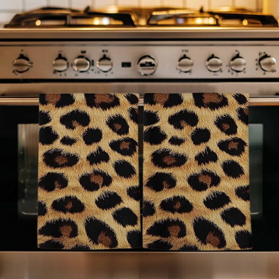 Leopard Print Kitchen Towels Set of 1, Brown Yellow Retro Animal Fur Pattern Absorbent Dish Towels for Kitchen, Microfiber Hand Towel, Quick Drying Tea Towel for Cleaning Decorative Dishcloths