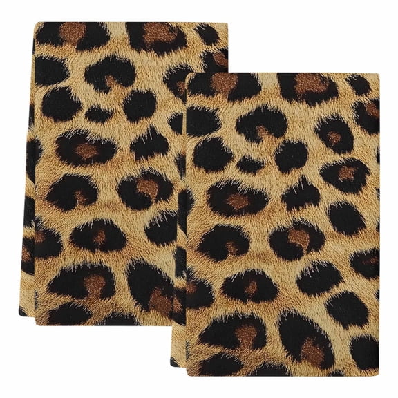 Leopard Print Kitchen Towels Set of 2, Absorbent Microfiber Dish Tea Towels with Hanging Loop, Brown Yellow Retro Animal Fur Pattern Resuable Hand Towel for Home Kitchen Cooking Cleaning 18"x28"