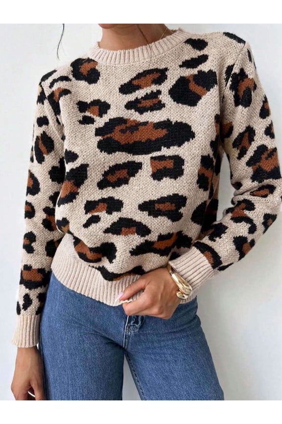 Leopard Print Knit Sweater (M, Brown)