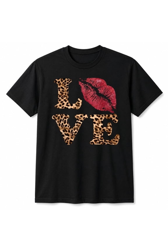 Leopard Print LOVE Lips Graphic T-Shirt, Unisex Classic Fit Valentine Tee