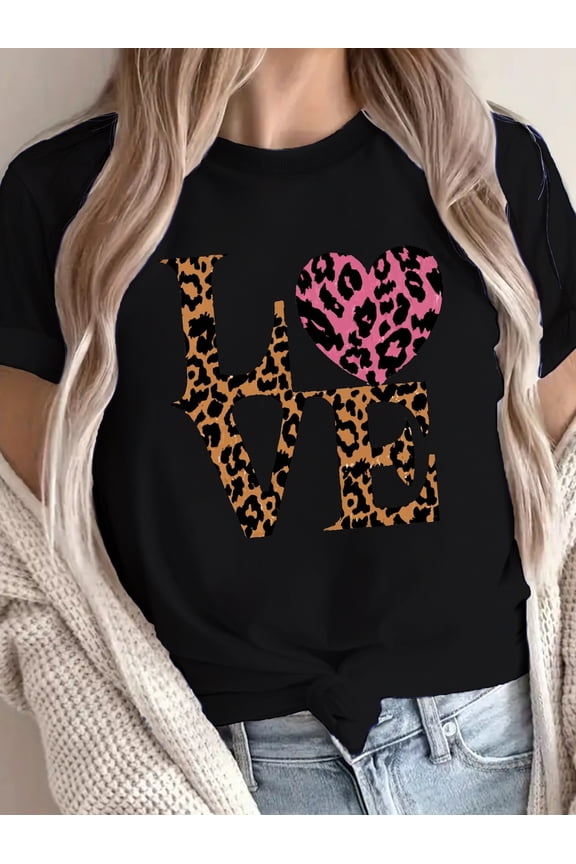 Leopard Print "LOVE" with Heart Graphic T-Shirt, Women's Romantic Tee, Bold Animal Print Design