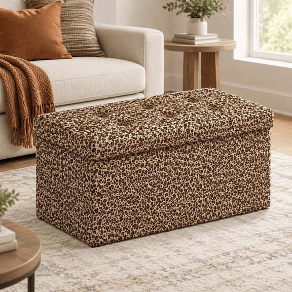 Leopard Print Leather 30"D x 15"W x 15"H Folding Storage Ottoman