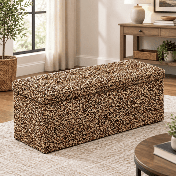 Leopard Print Leather 43"D x 15"W x 15"H Folding Storage Ottoman
