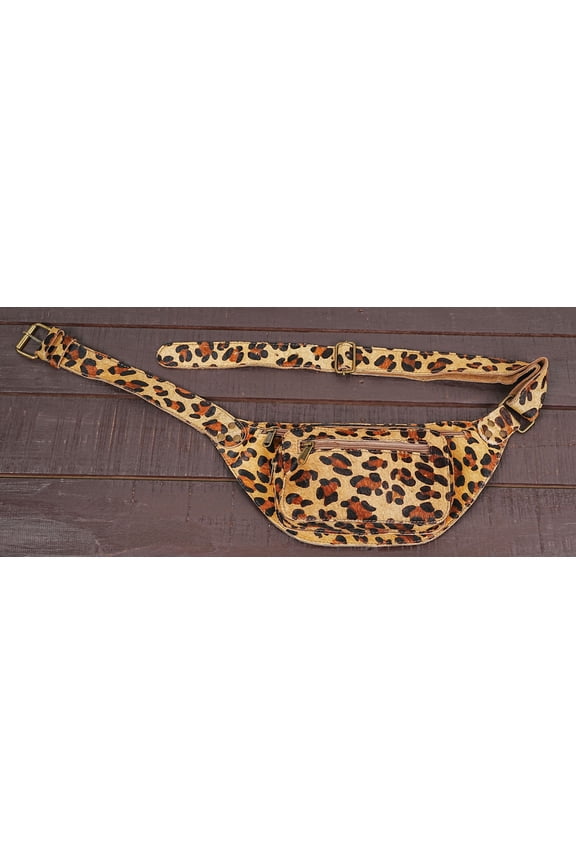 Leopard Print Leather Waist Bag with Adjustable Belt, Multiple Compartments, 100% Handmade, Light Brown