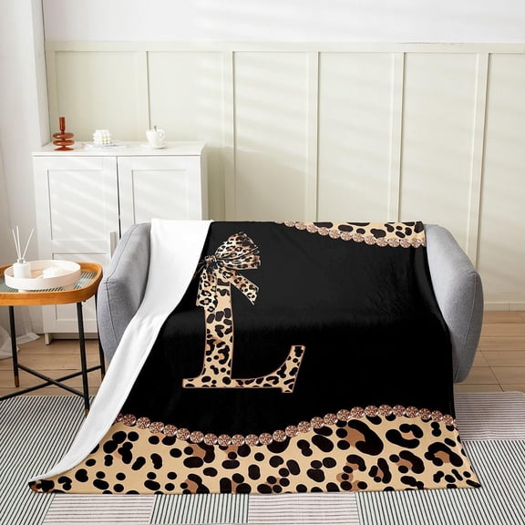 Leopard Print Letter L Fleece Throw Blanket for Couch Sofa Bed