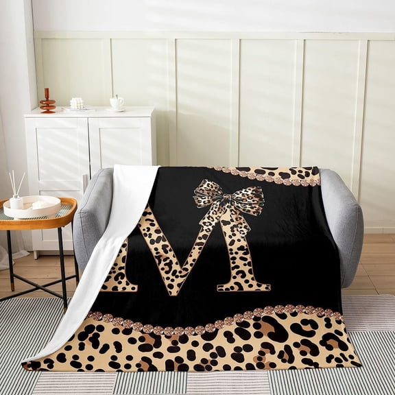 Leopard Print Letter M Throw Blanket with Bow for Couch Bed
