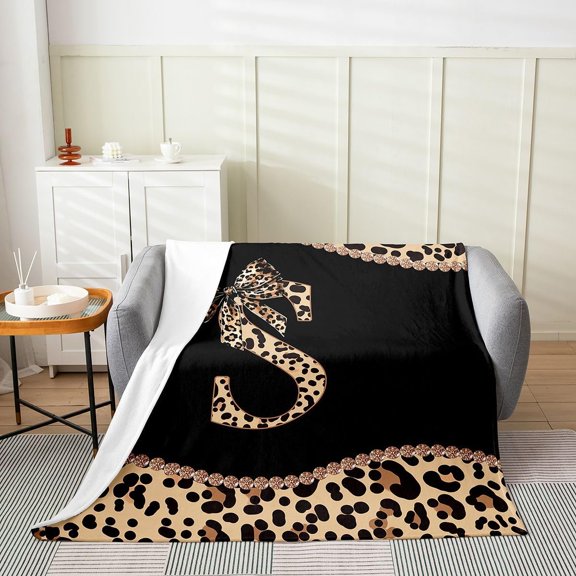 Leopard Print Letter S Throw Blanket with Bow for Couch Bed