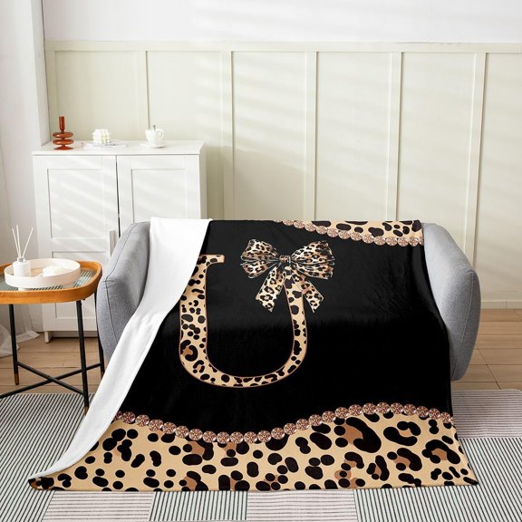 Leopard Print Letter U Throw Blanket with Bow for Couch Bed Sofa