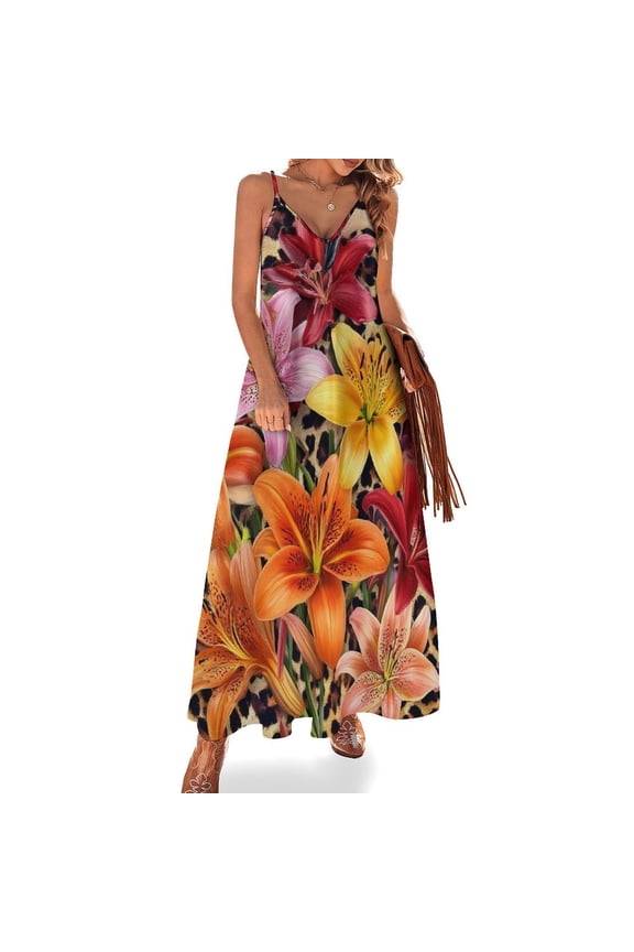 Leopard Print Lilies Vibrant Bouquet Sleeveless Dress Loose Women's Dress Dresses Luxury Evening Dresses