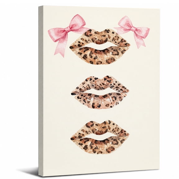 Leopard Print Lips Canvas Wall Art Framed Decor,Coquette Leopard Lips Pink Bow 2D flat canvas print perfect for bathroom bedroom or living room