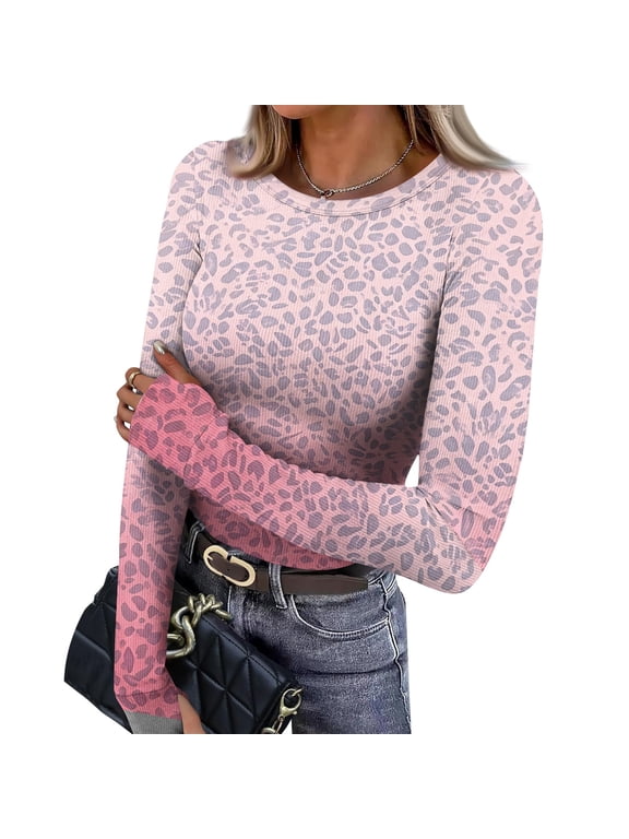 Leopard Print Long Sleeve Shirts for Women Y2k Ribbed Fitted Slim Vintage Cheetah Tee Blouses Trendy Fall Basic Holiday Crew Neck Casual T-Shirts S