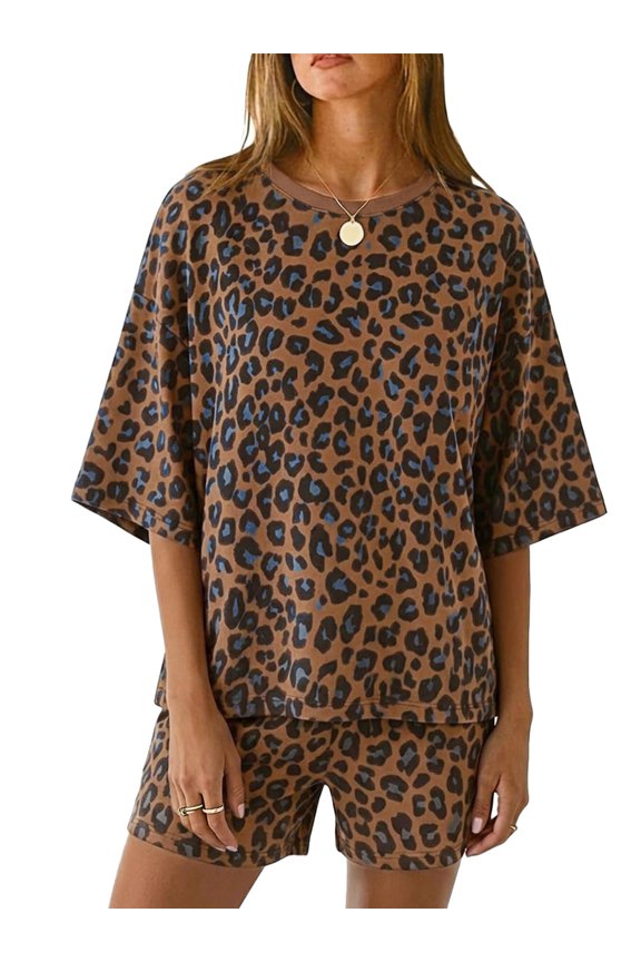 Leopard Print Loungewear Set: Oversized 3/4 Sleeve Top & Loose Sleep Shorts with Pockets