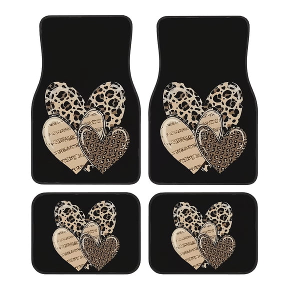 Leopard Print Love Heart Car Floor Mats, 4pcs Creative Pattern Easy-Clean Interior Liners for All Car Models