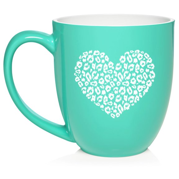 Leopard Print Love Heart Ceramic Coffee Mug Tea Cup Gift (16oz Teal)