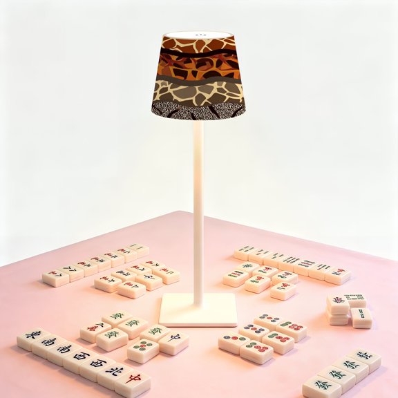 Leopard Print Mahjong Table LED Lamp, African Animal cheetah Print Patchwork Earth Tones, Cordless Touch Control 3 Color Dimmable Rechargeable Light, Bedside Nightstand Decor Gift for Mahjong Lover