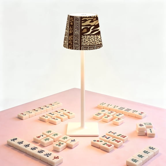 Leopard Print Mahjong Table LED Lamp, Animal Print Patchwork Geometric Border Brown, Cordless Touch Control 3 Color Dimmable Rechargeable Light, Bedside Nightstand Decor Gift for Mahjong Lover